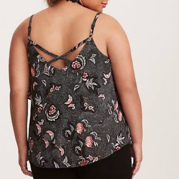 Torrid | Georgette Black Floral Layered Crisscross Cami Tank Sz. 00 - Picture 2 of 7